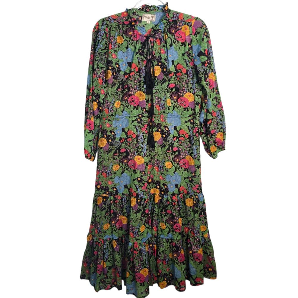 Mille Resort & Travel Dark Floral Boho Cotton Midi Dress XS Made in India